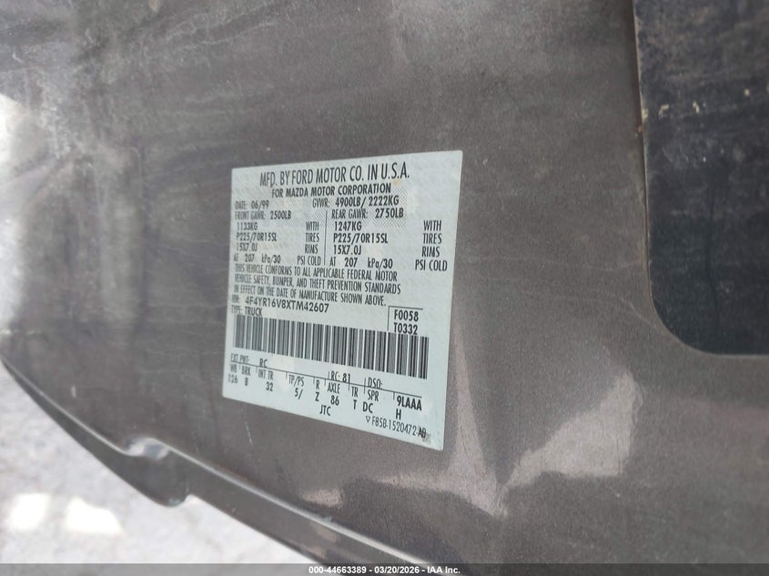 1999 Mazda B3000 Se/Tl VIN: 4F4YR16V8XTM42607 Lot: 44663389