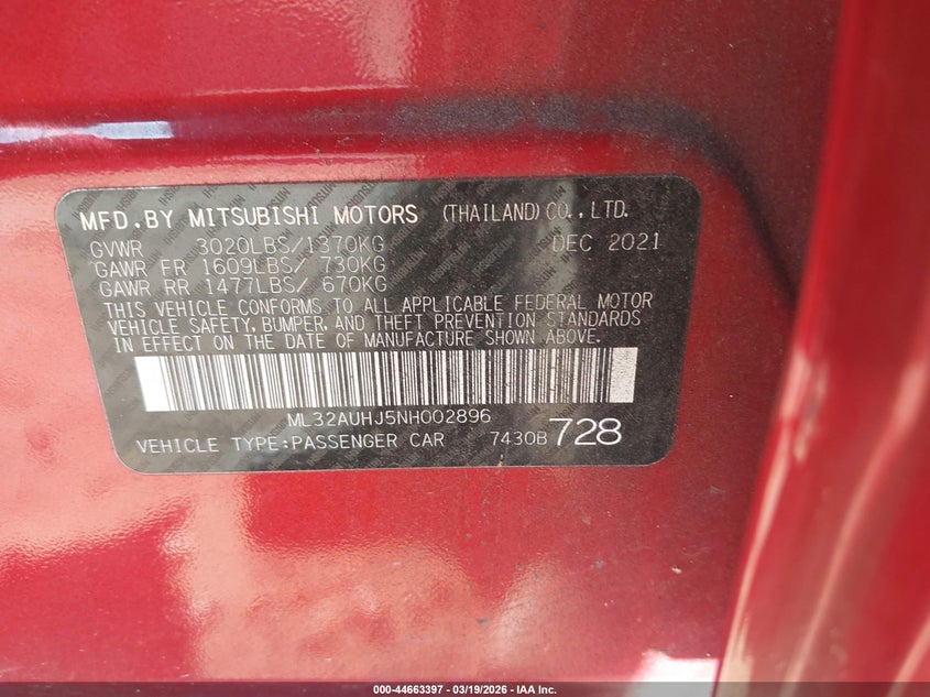 2022 Mitsubishi Mirage Es/Le VIN: ML32AUHJ5NH002896 Lot: 44663397