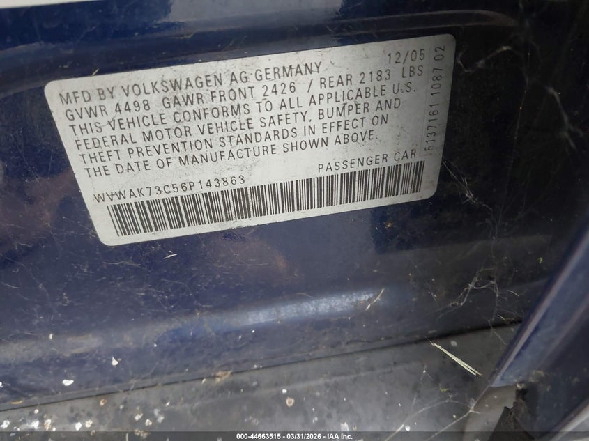 2006 Volkswagen Passat 2.0T VIN: WVWAK73C56P143863 Lot: 44663515