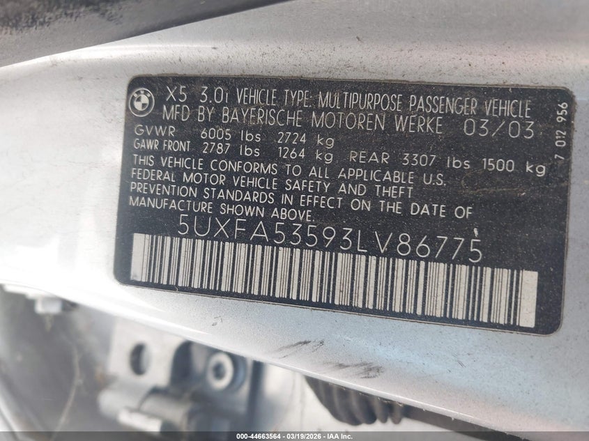 2003 BMW X5 3.0I VIN: 5UXFA53593LV86775 Lot: 44663564
