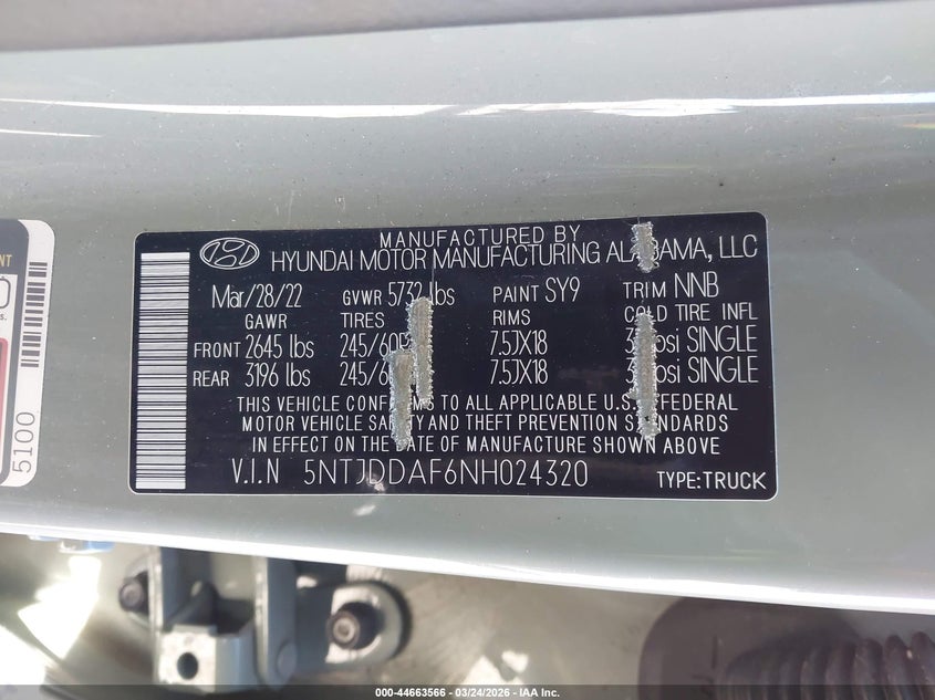 2022 Hyundai Santa Cruz Sel Premium VIN: 5NTJDDAF6NH024320 Lot: 44663566