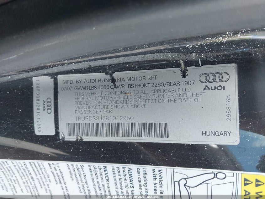2008 Audi Tt 3.2 VIN: TRURD38J281012950 Lot: 44663651