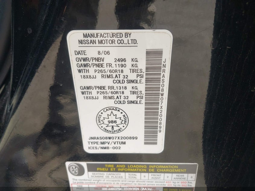 2007 Infiniti Fx35 VIN: JNRAS08W07X200899 Lot: 44663754