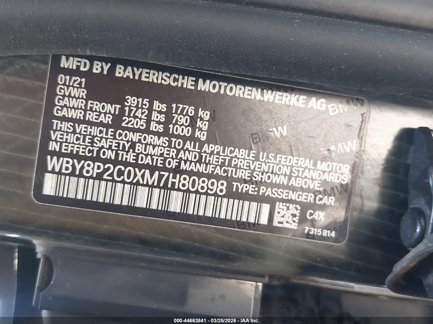 2021 BMW I3 120Ah VIN: WBY8P2C0XM7H80898 Lot: 44663841