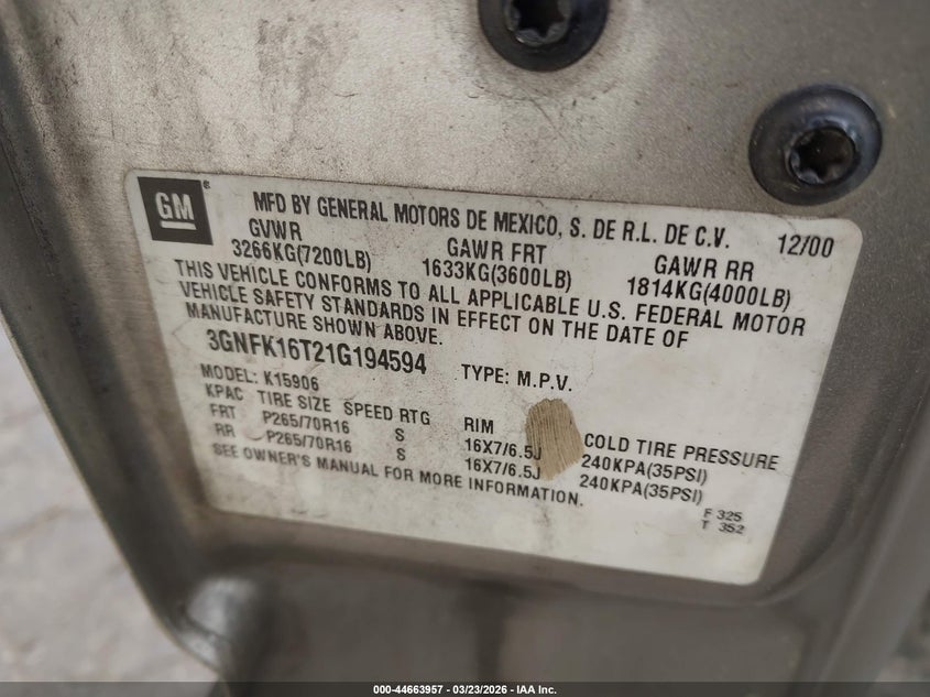 2001 Chevrolet Suburban 1500 Ls VIN: 3GNFK16T21G194594 Lot: 44663957