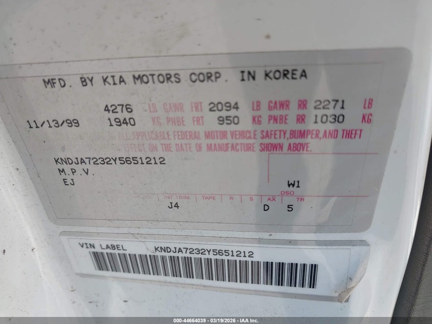 2000 Kia Sportage Ex VIN: KNDJA7232Y5651212 Lot: 44664039