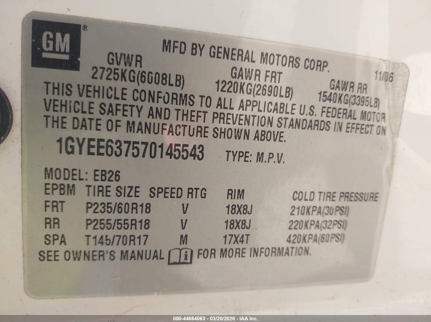 2007 Cadillac Srx V6 VIN: 1GYEE637570145543 Lot: 44664063