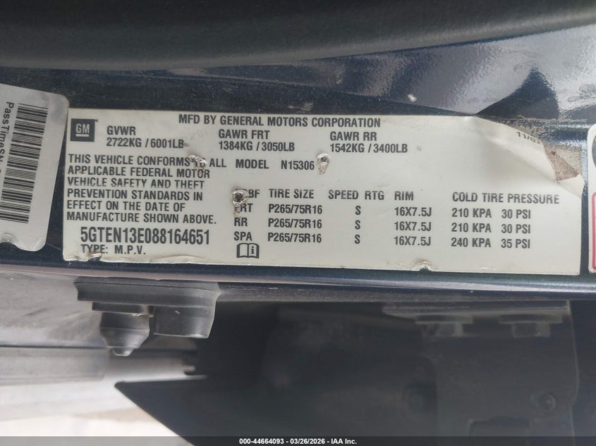 2008 Hummer H3 Suv VIN: 5GTEN13E088164651 Lot: 44664093