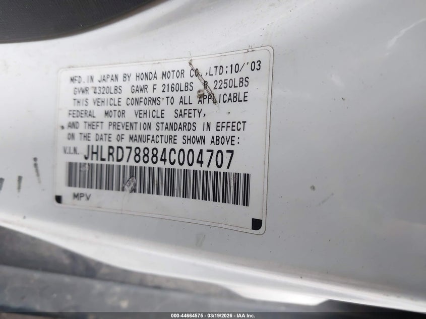 2004 Honda Cr-V Ex VIN: JHLRD78884C004707 Lot: 44664575
