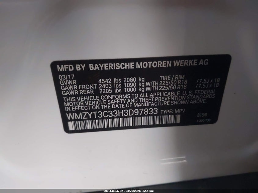 2017 Mini Countryman Cooper S VIN: WMZYT3C33H3D97833 Lot: 44664732