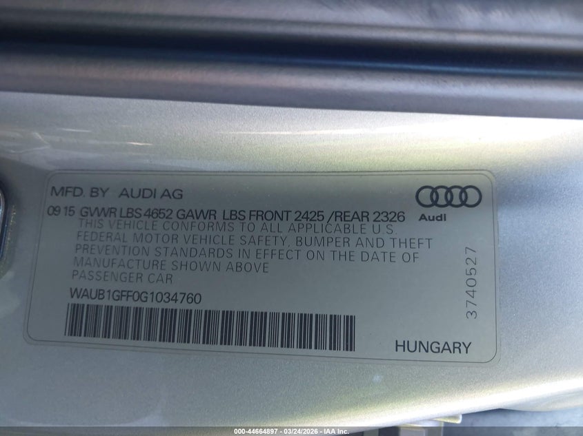 2016 Audi S3 2.0T Premium Plus VIN: WAUB1GFF0G1034760 Lot: 44664897