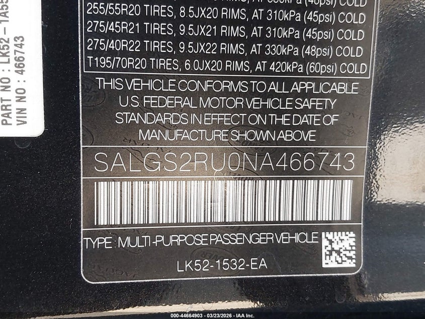 2022 Land Rover Range Rover Westminster VIN: SALGS2RU0NA466743 Lot: 44664903