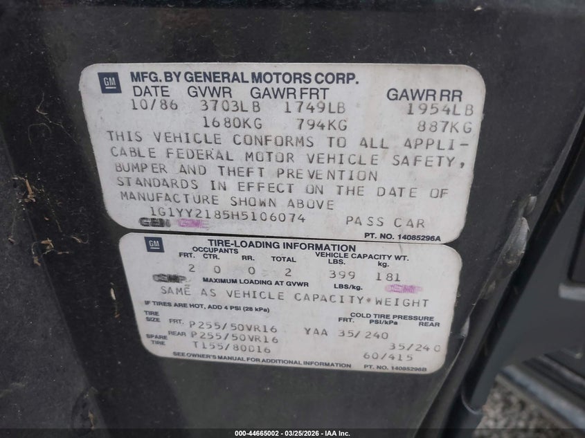 1987 Chevrolet Corvette VIN: 1G1YY2185H5106074 Lot: 44665002