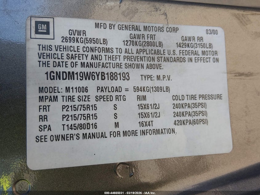 2000 Chevrolet Astro VIN: 1GNDM19W6YB188193 Lot: 44665031