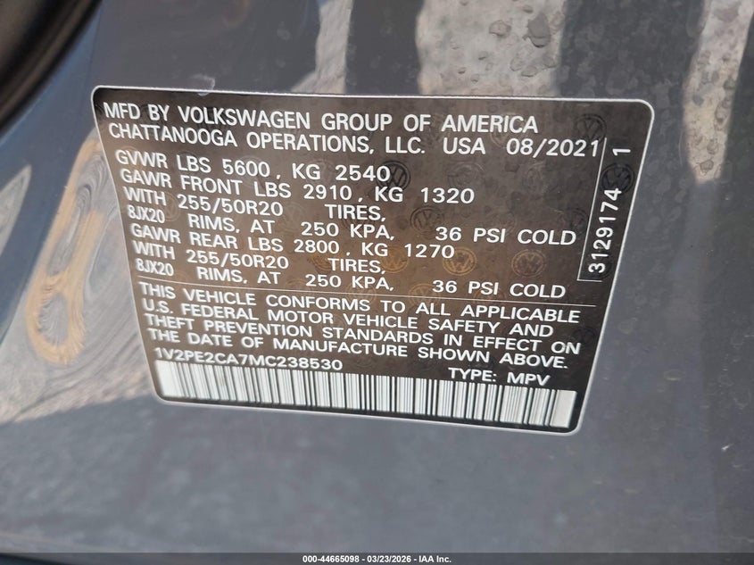 2021 Volkswagen Atlas Cross Sport 3.6L V6 Se W/Technology R-Line VIN: 1V2PE2CA7MC238530 Lot: 44665098