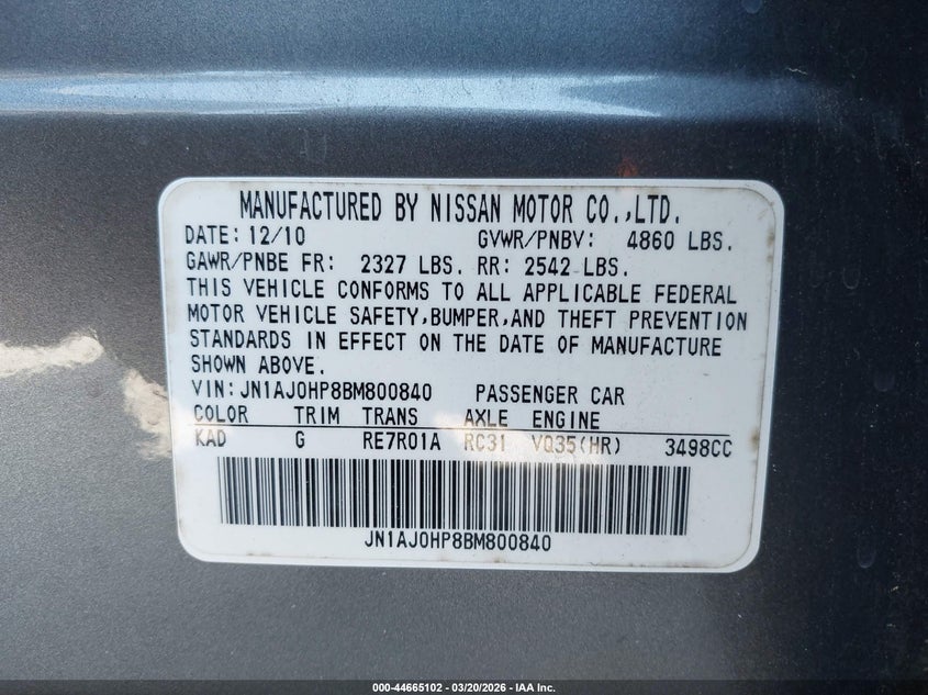 2011 Infiniti Ex35 Journey VIN: JN1AJ0HP8BM800840 Lot: 44665102