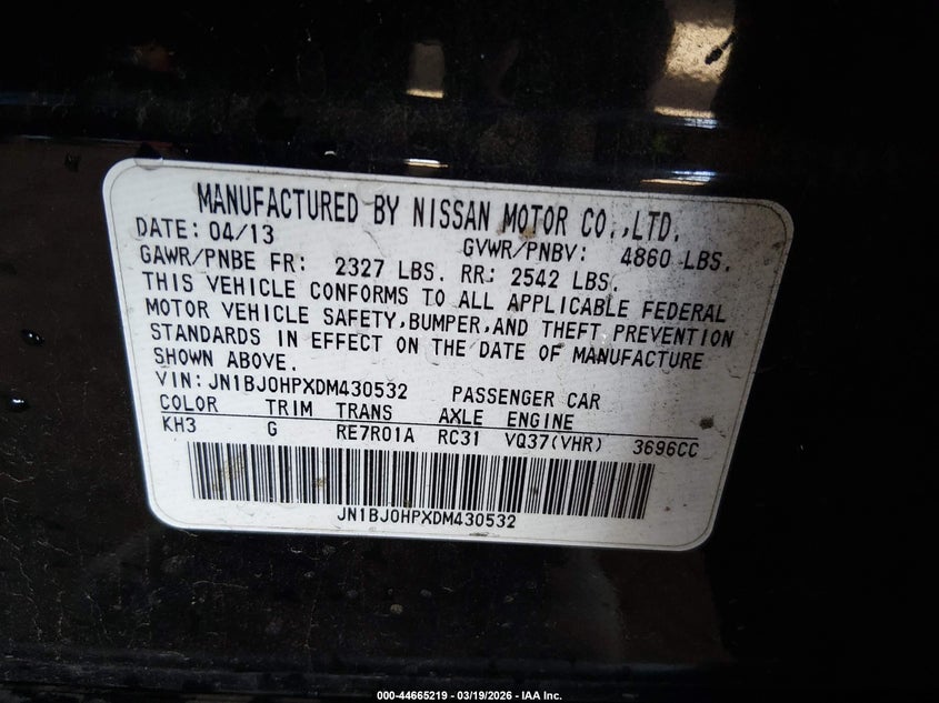 2013 Infiniti Ex37 Journey VIN: JN1BJ0HPXDM430532 Lot: 44665219