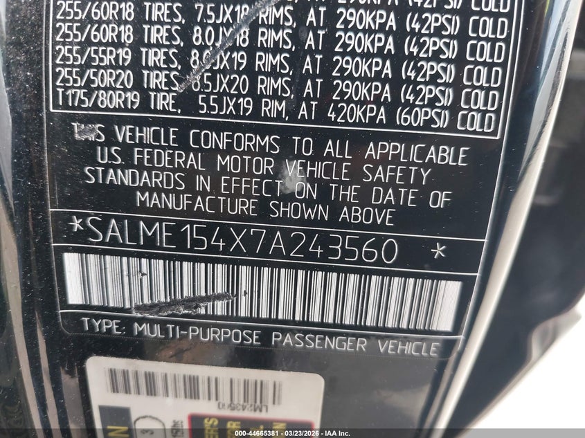 2007 Land Rover Range Rover Hse VIN: SALME154X7A243560 Lot: 44665381