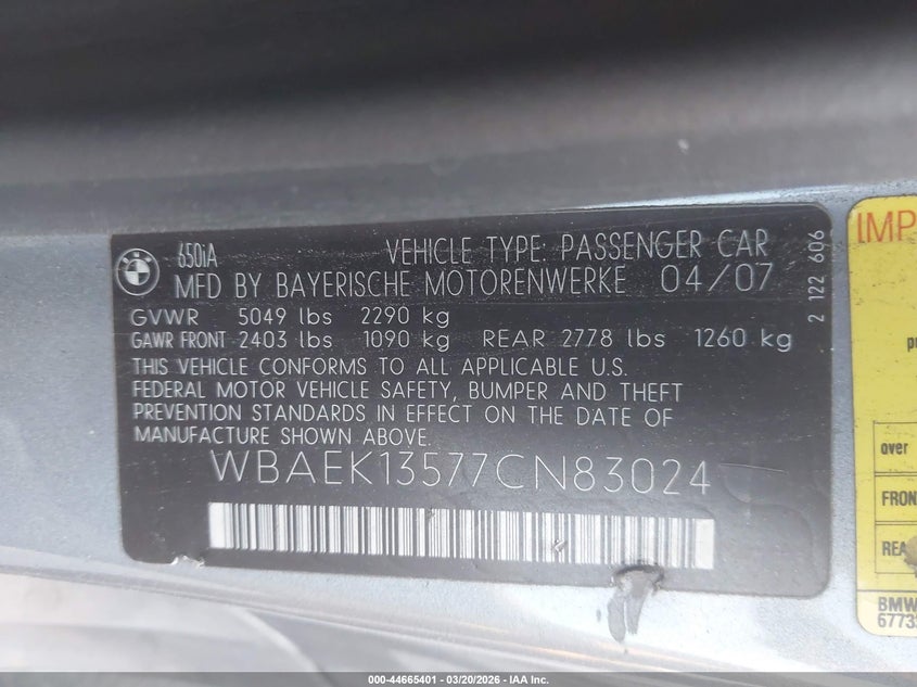 2007 BMW 650I VIN: WBAEK13577CN83024 Lot: 44665401