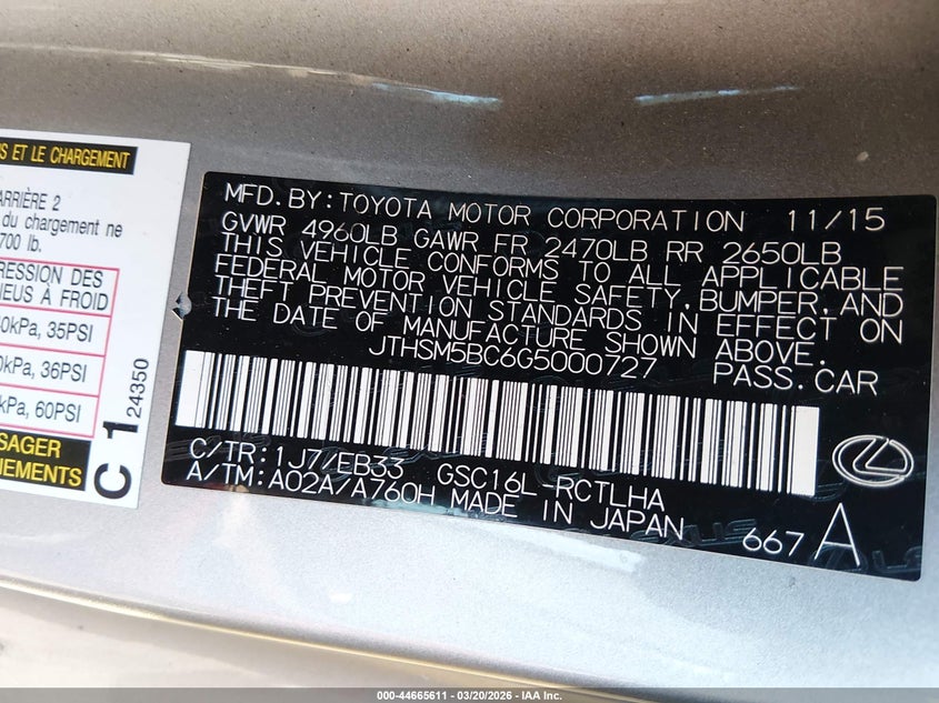 2016 Lexus Rc 300 VIN: JTHSM5BC6G5000727 Lot: 44665611