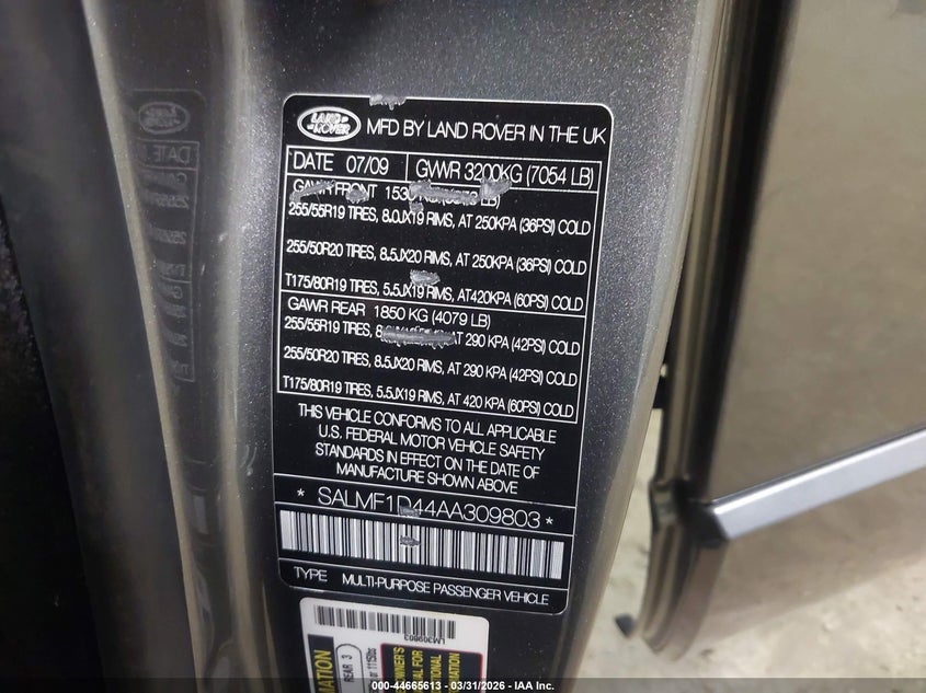 2010 Land Rover Range Rover Hse VIN: SALMF1D44AA309803 Lot: 44665613