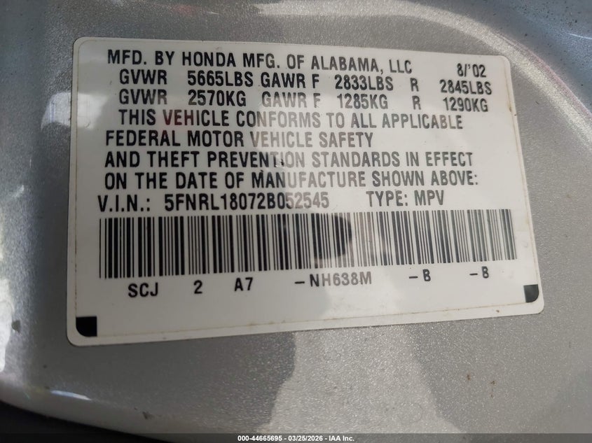 2002 Honda Odyssey Ex-L VIN: 5FNRL18072B052545 Lot: 44665695