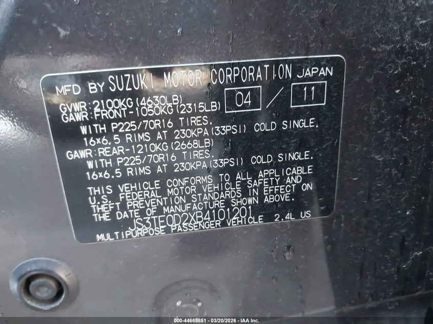 2011 Suzuki Grand Vitara Premium VIN: JS3TE0D2XB4101201 Lot: 44665851