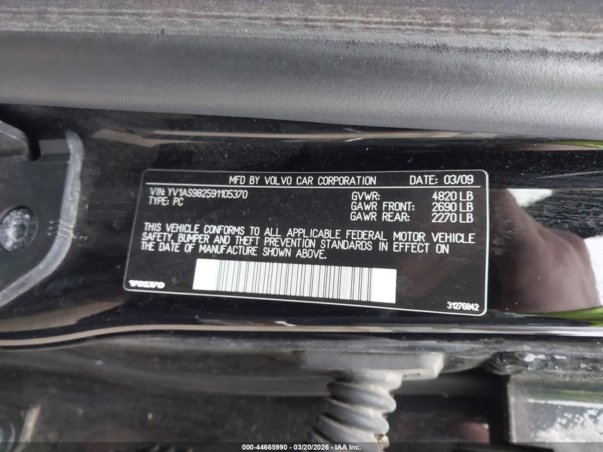 2009 Volvo S80 3.2 VIN: YV1AS982591105370 Lot: 44665990