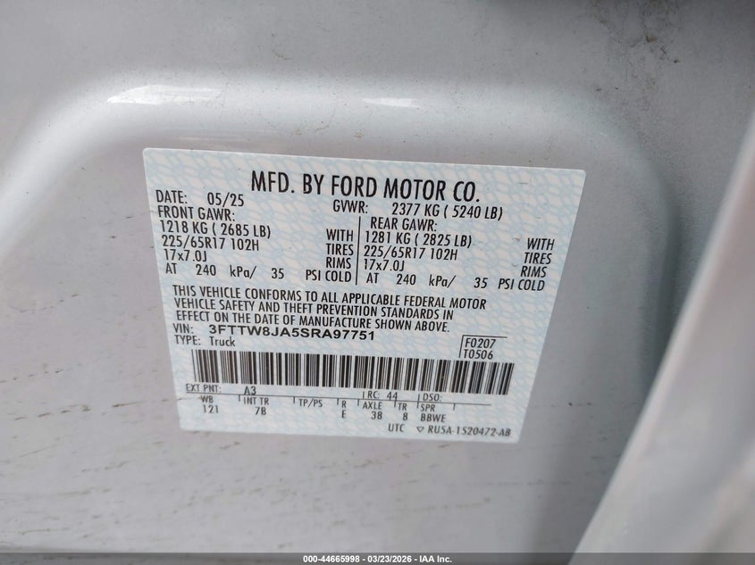 VIN 3FTTW8JA5SRA97751 2025 FORD MAVERICK XLT