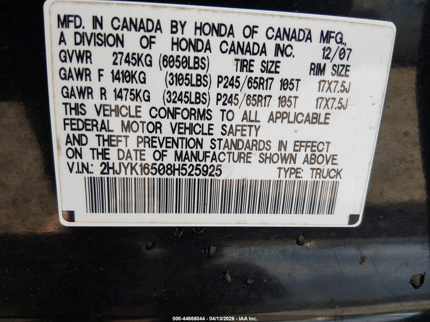 2008 Honda Ridgeline Rtl VIN: 2HJYK16508H525925 Lot: 44666044