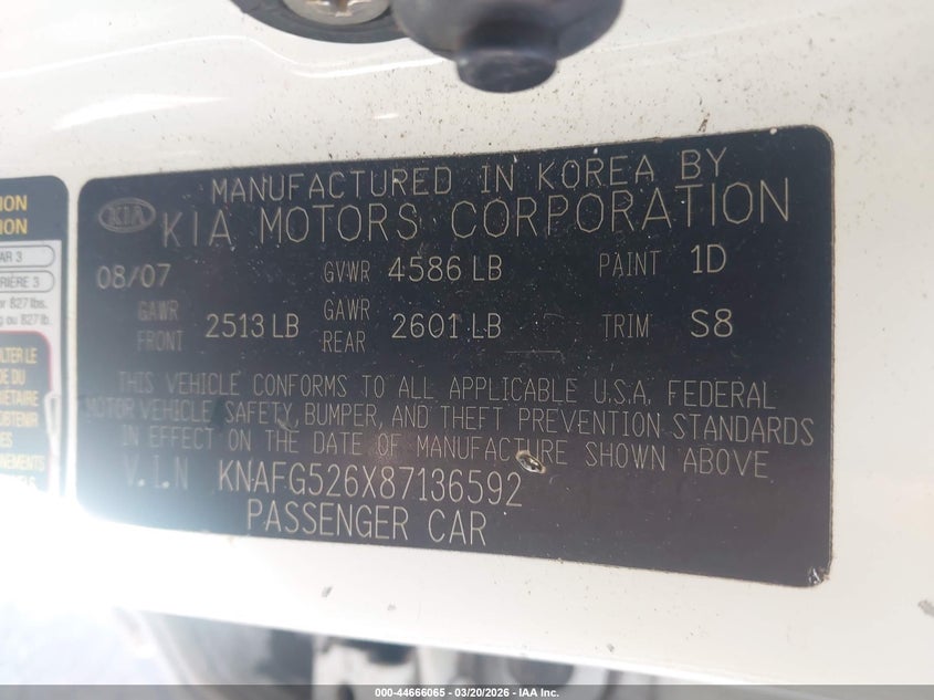 2008 Kia Rondo Lx V6 VIN: KNAFG526X87136592 Lot: 44666065
