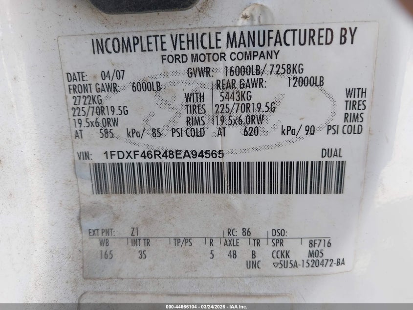 2008 Ford F-450 Chassis Xl/Xlt VIN: 1FDXF46R48EA94565 Lot: 44666104