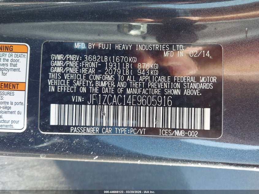 2014 Subaru Brz Limited VIN: JF1ZCAC14E9605916 Lot: 44666123