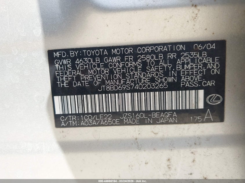 2004 Lexus Gs 300 VIN: JT8BD69S740203265 Lot: 44666164