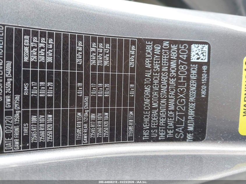 2020 Land Rover Range Rover Evoque R-Dynamic S VIN: SALZT2GX3LH087405 Lot: 44666319