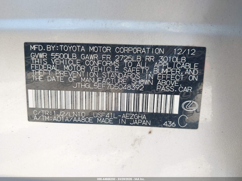 2013 Lexus Ls 460 L VIN: JTHGL5EF7D5048392 Lot: 44666350