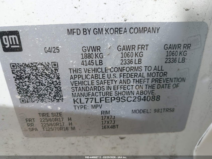 VIN KL77LFEP9SC294088 2025 CHEVROLET TRAX FWD LS