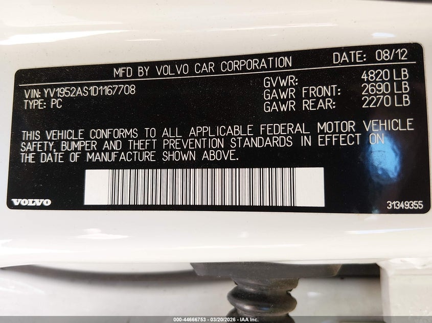 2013 Volvo S80 3.2 Premier Plus VIN: YV1952AS1D1167708 Lot: 44666753