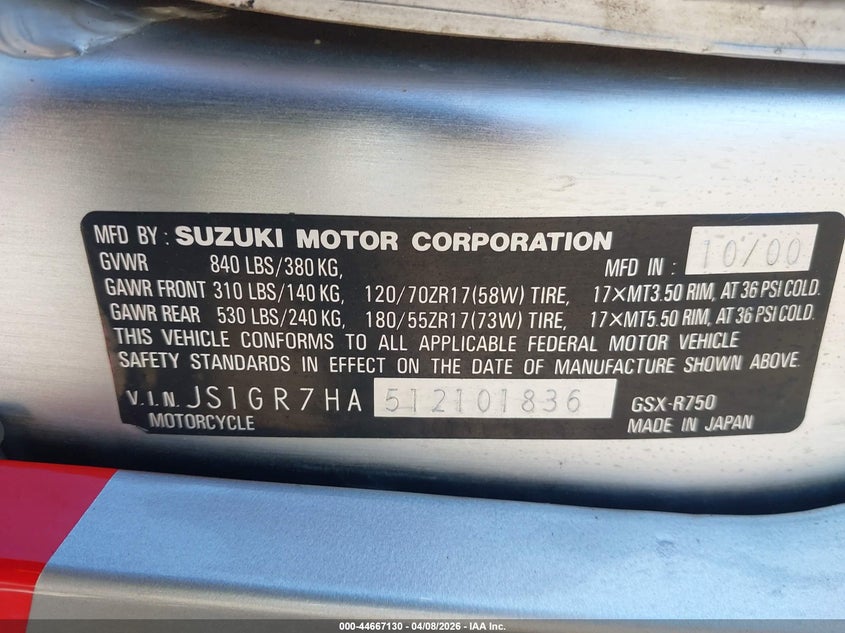 2001 Suzuki Gsx-R750 VIN: JS1GR7HA512101836 Lot: 44667130
