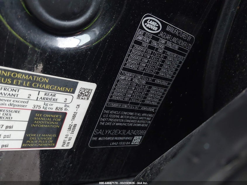 2020 Land Rover Range Rover Velar P250 R-Dynamic S VIN: SALYK2EX3LA242089 Lot: 44667178