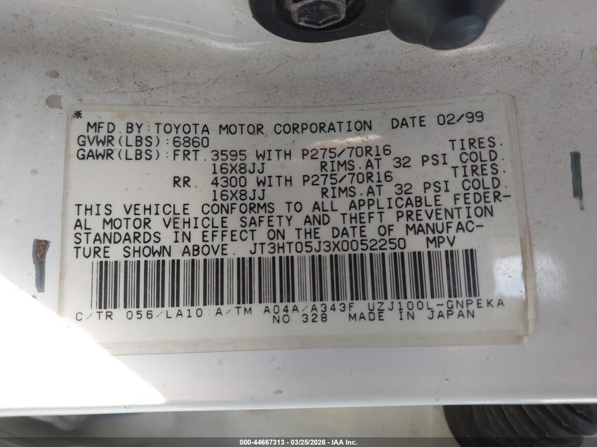 1999 Toyota Land Cruiser VIN: JT3HT05J3X0052250 Lot: 44667313