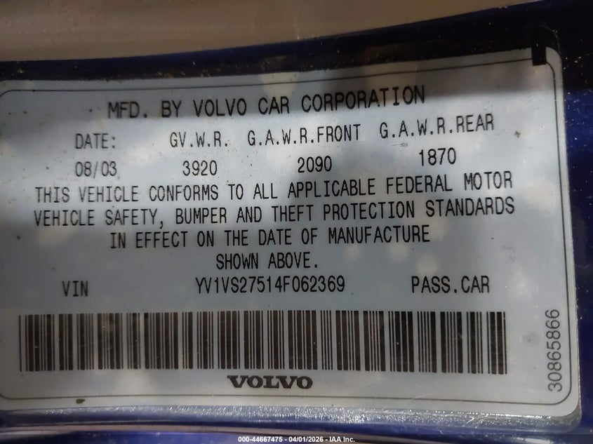 2004 Volvo S40 A/Lse VIN: YV1VS27514F062369 Lot: 44667475