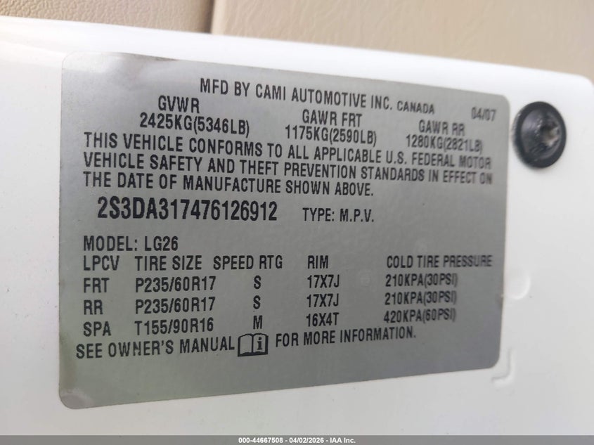 2007 Suzuki Xl7 Luxury VIN: 2S3DA317476126912 Lot: 44667508