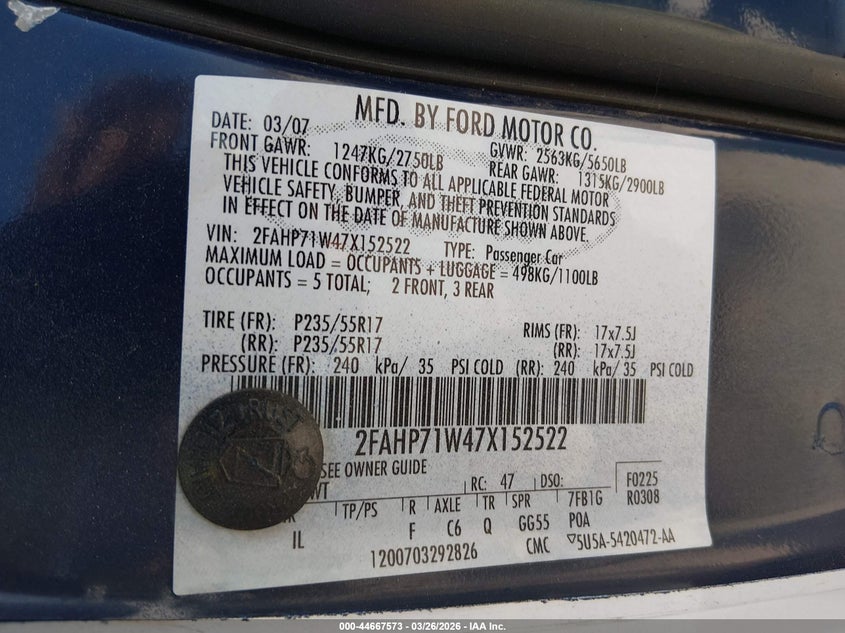 2007 Ford Crown Victoria Police/Police Interceptor VIN: 2FAHP71W47X152522 Lot: 44667573