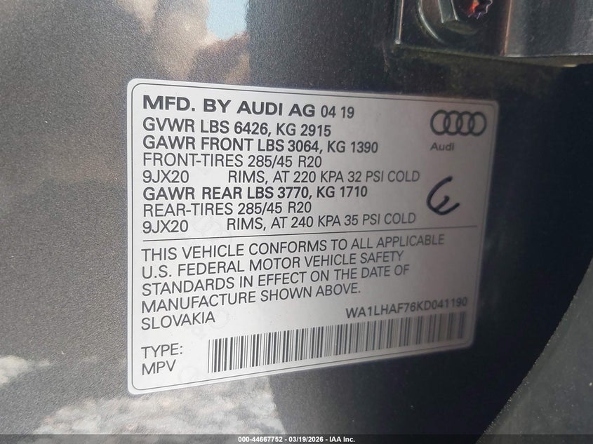 2019 Audi Q7 2.0 45 Premium grey Lot 111044667752 Vin WA1LHAF76KD041190