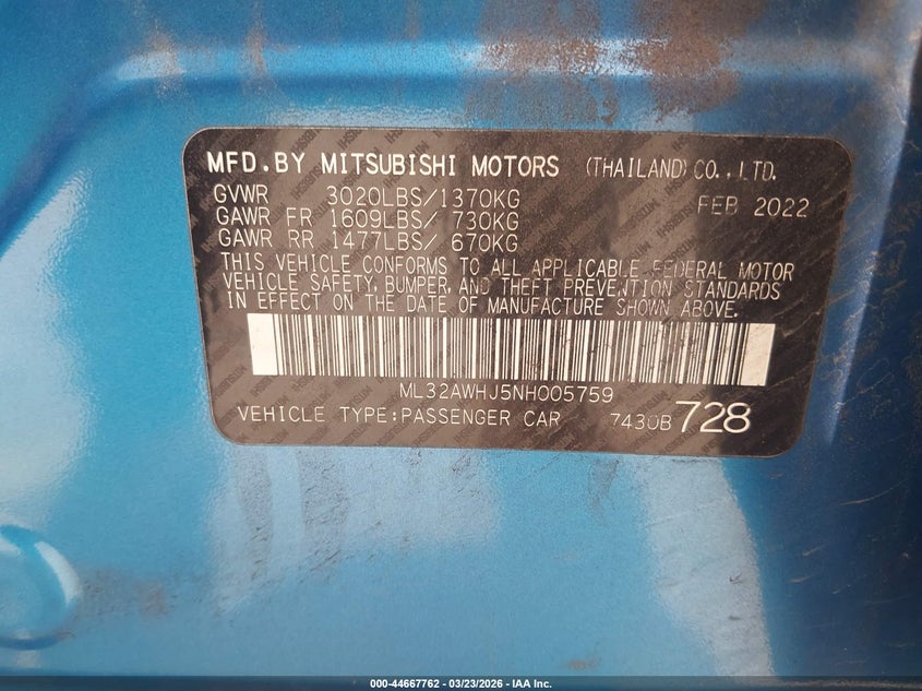 2022 Mitsubishi Mirage Black Edition/Se VIN: ML32AWHJ5NH005759 Lot: 44667762