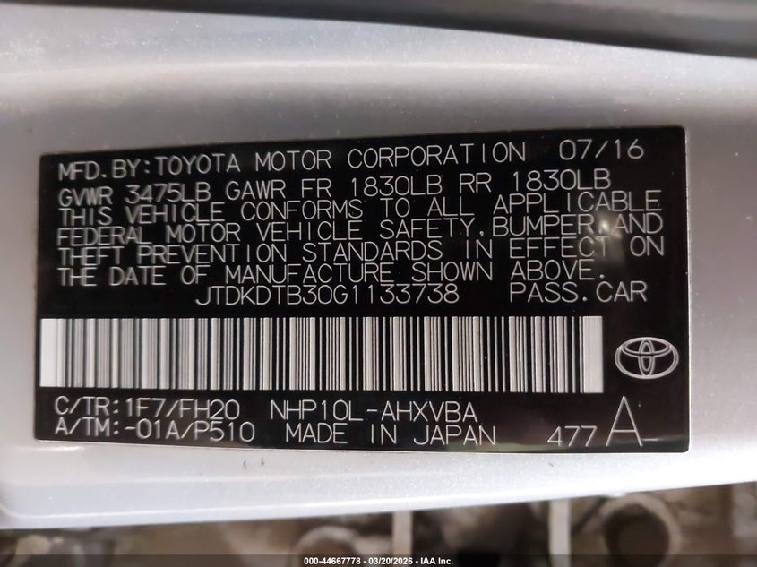 2016 Toyota Prius C One VIN: JTDKDTB30G1133738 Lot: 44667778
