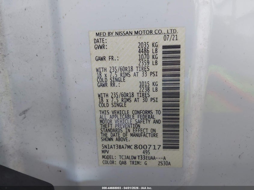 VIN 5N1AT3BA7MC800717 2021 NISSAN ROGUE SV FWD