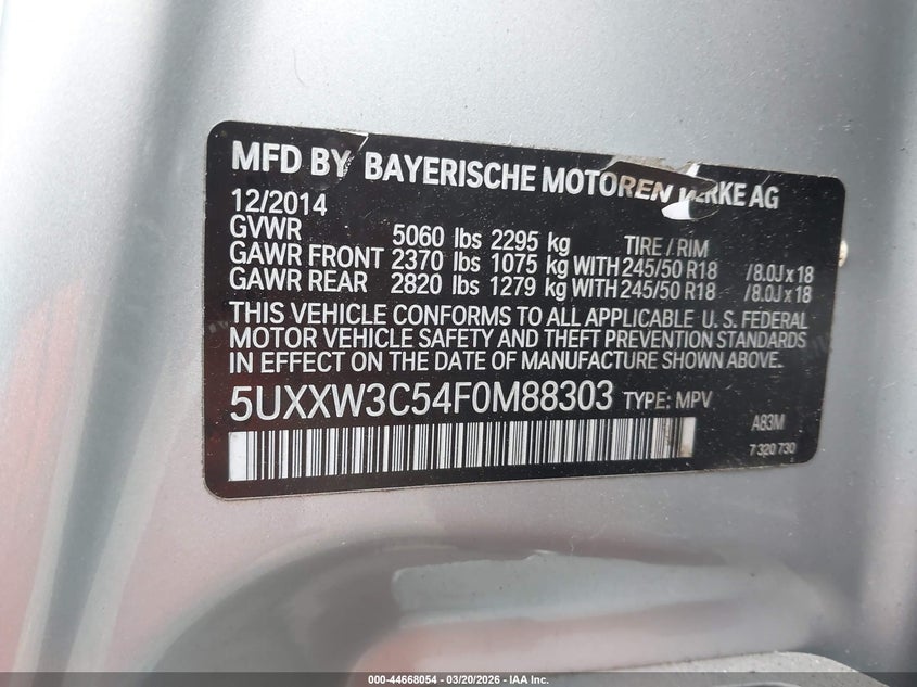 2015 BMW X4 xDrive28I VIN: 5UXXW3C54F0M88303 Lot: 44668054