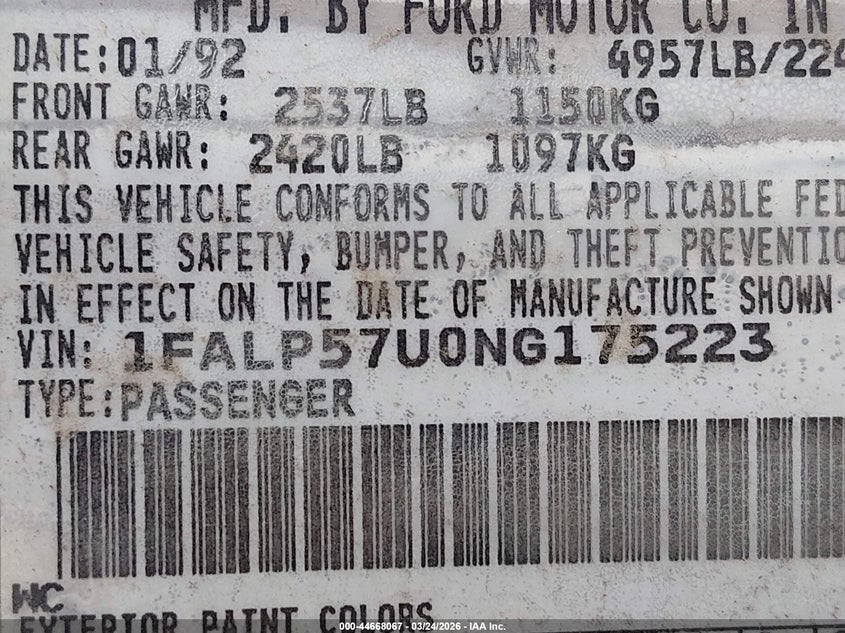 1992 Ford Taurus Gl VIN: 1FALP57U0NG175223 Lot: 44668067